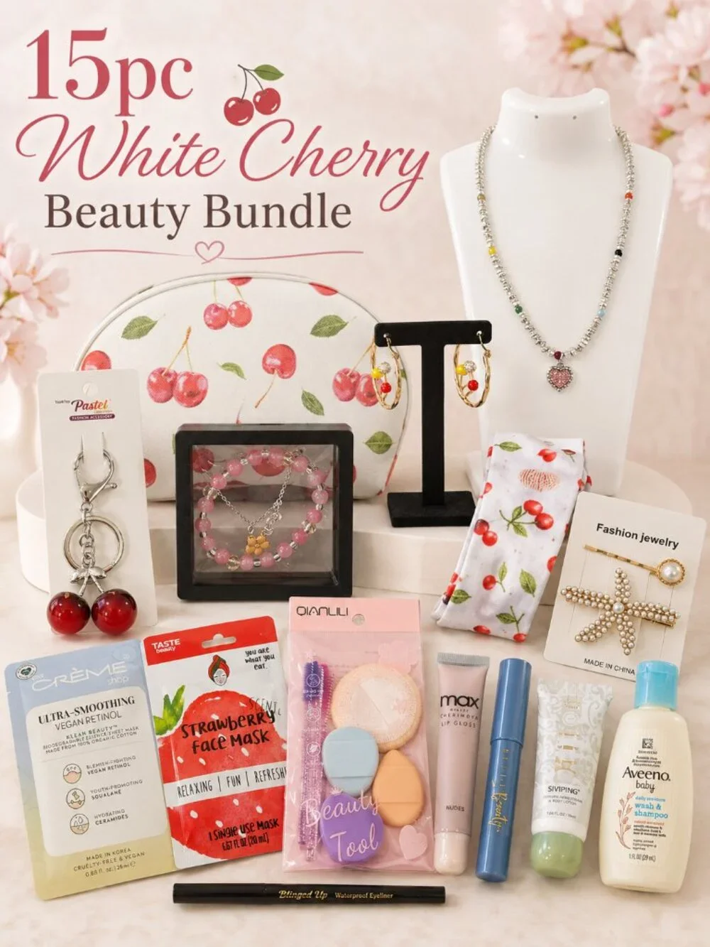 15pc White Cherry Beauty Jewelry Accessories Gift Bundle New